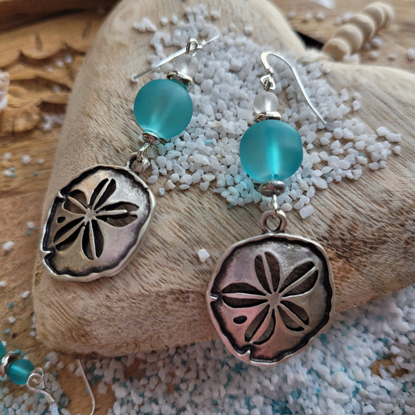 AQUA SEA GLASS SILVER SAND DOLLAR BEACH EARRINGS – Willow Pond