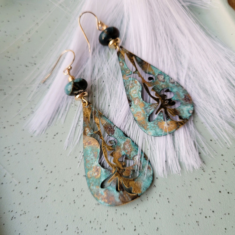 GREEN PATINA TEARDROP EARINGS WITH IMPERIAL JASPER