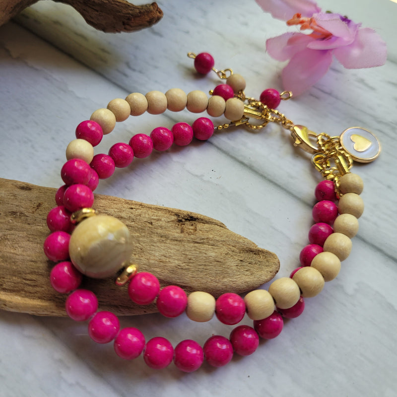 FUCHSIA FOSSIL STONE & WHITE WOOD DOUBLE STRAND BRACELET