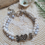 TWO  STRAND ANTIQUE SILVER HEART BRACELET IN WHITE & PASTEL BLUE