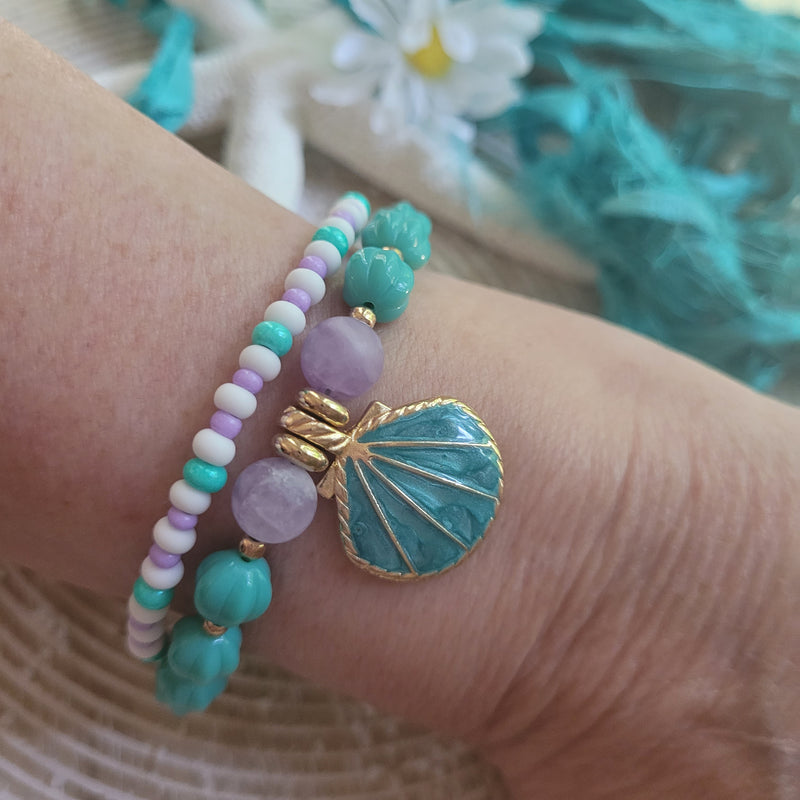 DOUBLE STRAND LAVENDER & TURQUOISE SEA SHELL BRACELET