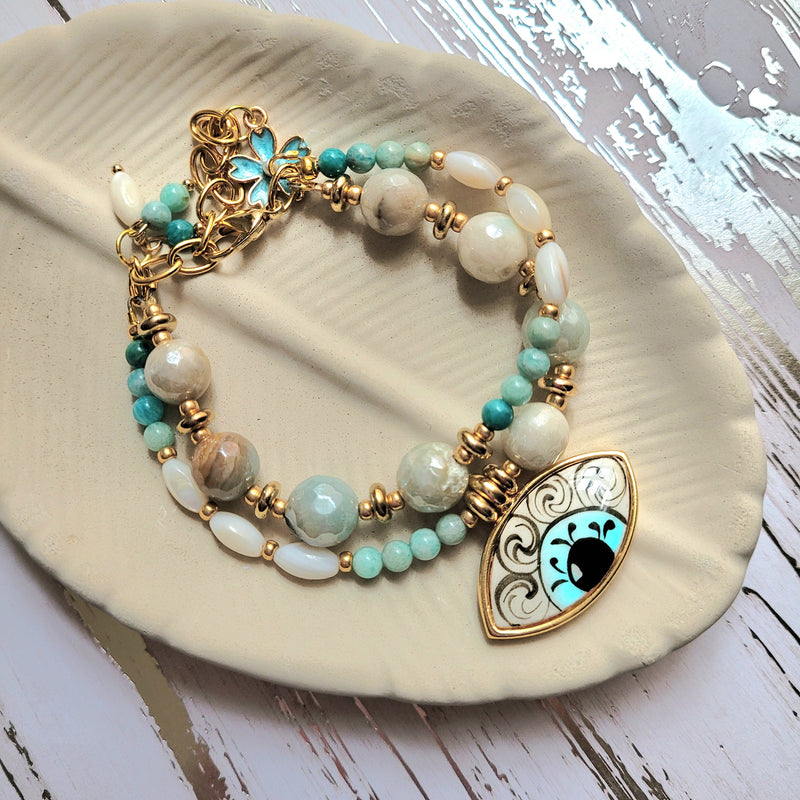 DOUBLE STRAND AMAZONITE EVIL EYE BRACELET