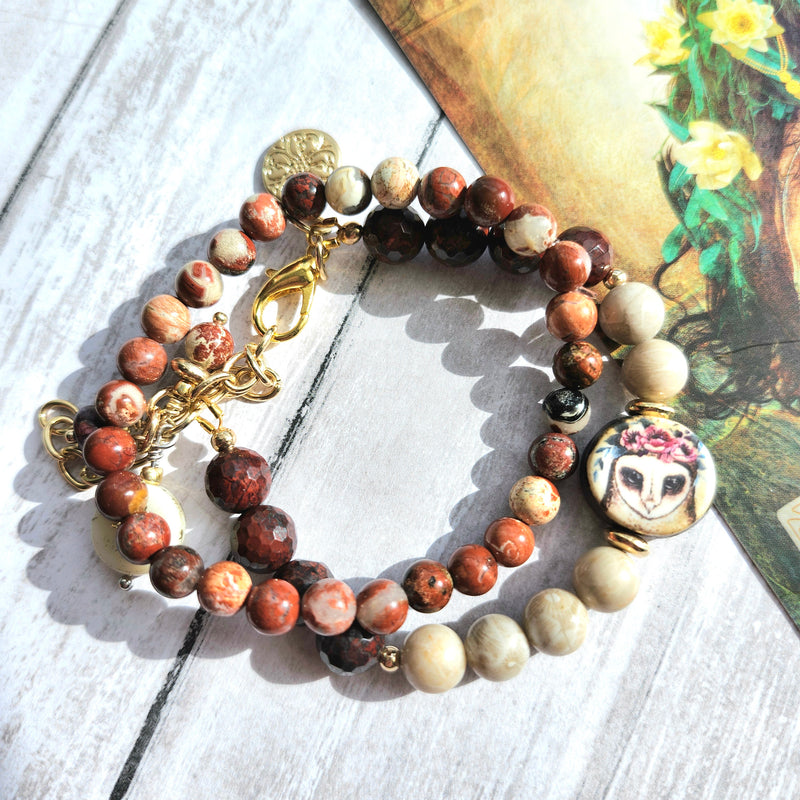 JASPER & FOSSIL STONE TWO BRACELET SET WITH OWL