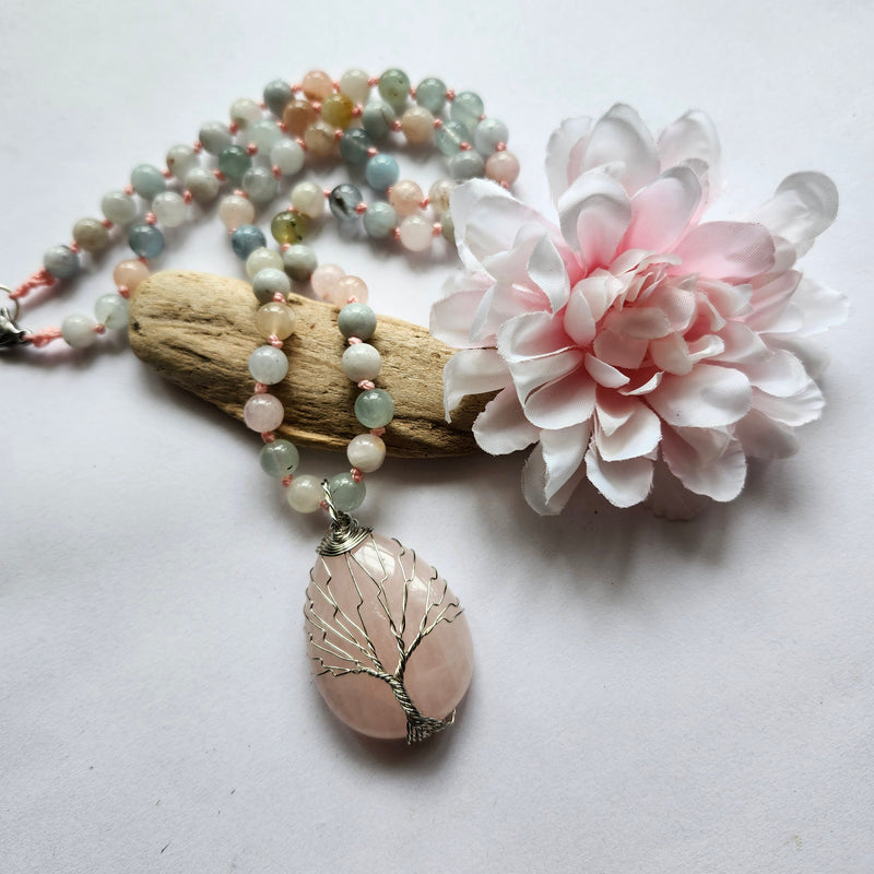 ROSE QUARTZ TREE OF LIFE NECKLACE