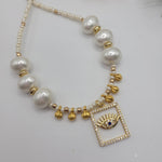 SHELL PEARL NECKLACE WITH WITH 24KT GOLD PLATED EVIL EYE PENDANT