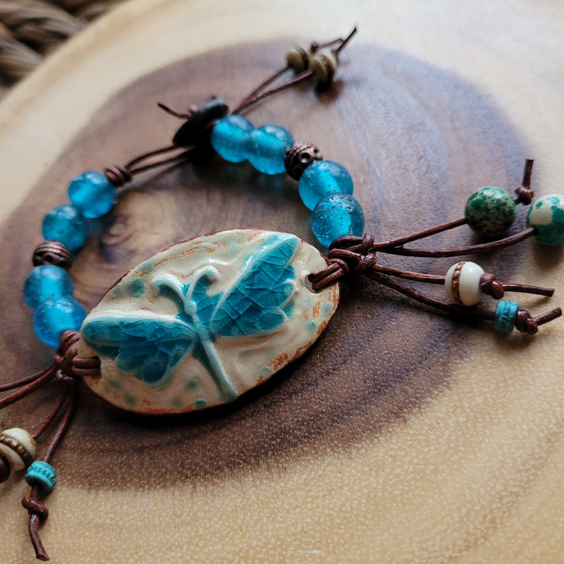 RUSTIC BOHO BRACELET WITH CERAMIC DRAGONFLY