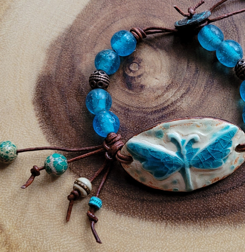 RUSTIC BOHO BRACELET WITH CERAMIC DRAGONFLY