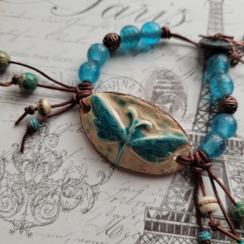 RUSTIC BOHO BRACELET WITH CERAMIC DRAGONFLY