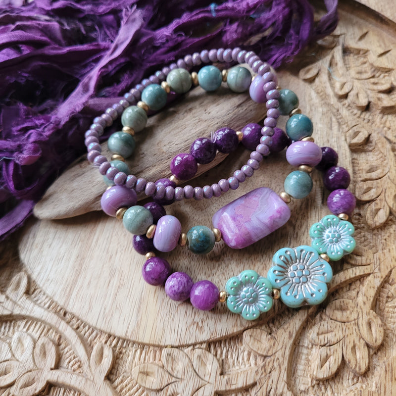 STACKED BRACELET SET IN PURPLE & MINT GREEN