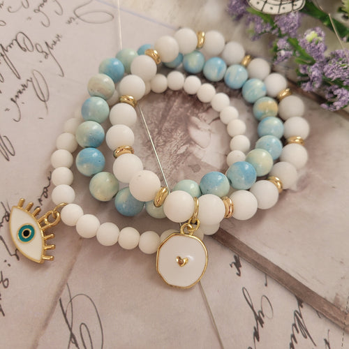 White Jade & Pastel Blue Bracelet Set with Enamel Evil Eye Charm & Enamel Heart Charm