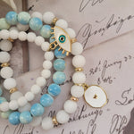 White Jade & Pastel Blue Bracelet Set with Enamel Evil Eye Charm & Enamel Heart Charm