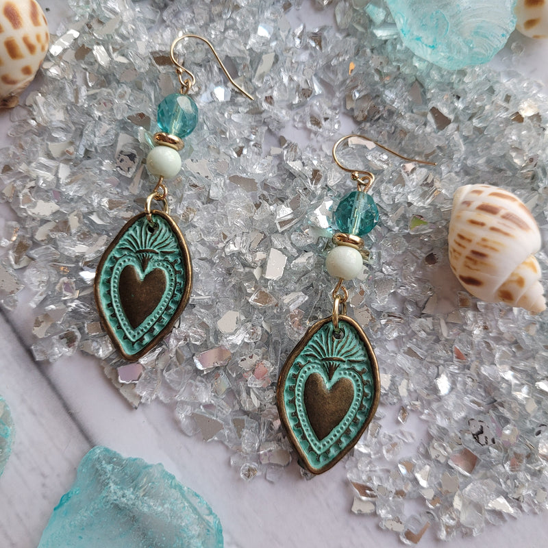 Beautiful Turquoise Patina Heart Charm Earrings with Czech Glass & 14k Gold Wires 