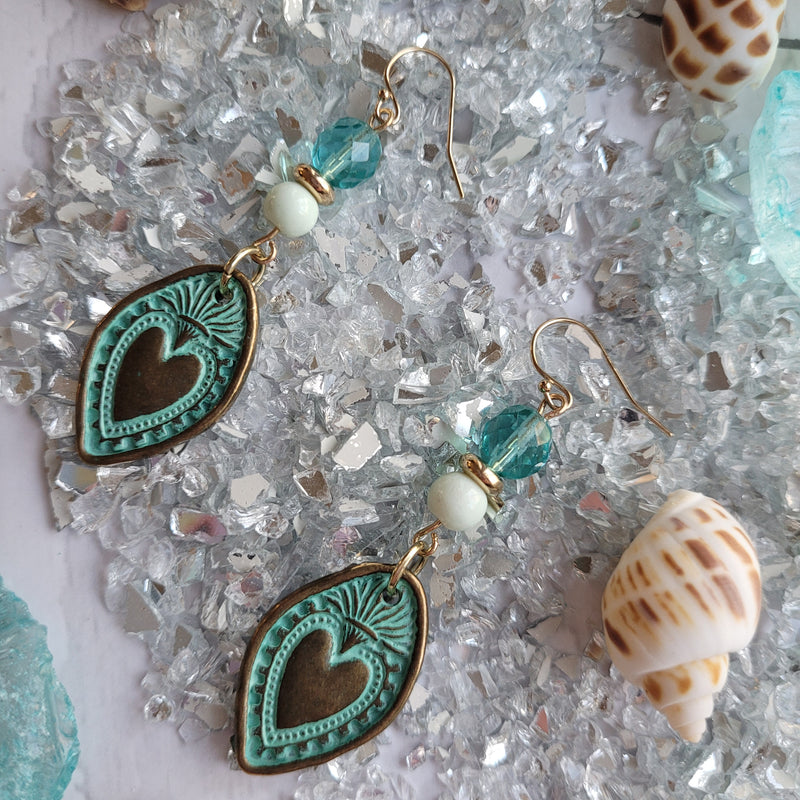 Beautiful Turquoise Patina Heart Charm Earrings with Czech Glass & 14k Gold Wires 