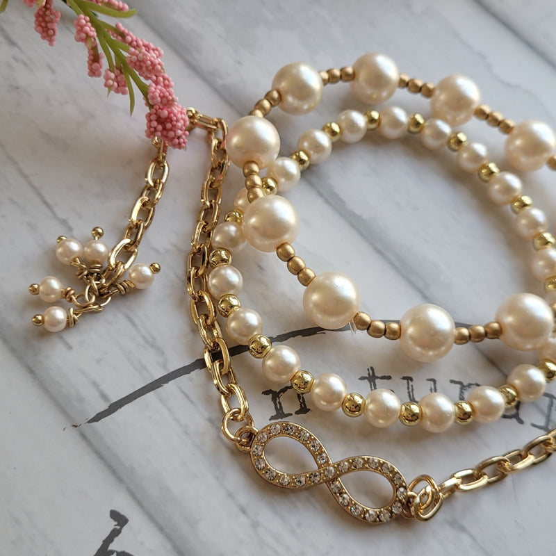 FAUX PEARL BRACELET SET WITH INFINITY CHAIN BRACELET