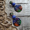 LAMPWORK EARRINGS WITH PURPLE,GREEN & ORANGE ENAMEL DISC CHARMS