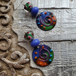 LAMPWORK EARRINGS WITH PURPLE,GREEN & ORANGE ENAMEL DISC CHARMS