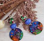 LAMPWORK EARRINGS WITH PURPLE,GREEN & ORANGE ENAMEL DISC CHARMS