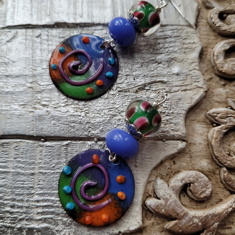 LAMPWORK EARRINGS WITH PURPLE,GREEN & ORANGE ENAMEL DISC CHARMS