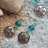 AQUA SEA GLASS & SILVER SAND DOLLAR BEACH EARRINGS