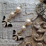 PEARLS & BUTTERFLY EARRINGS IN BLACK & CREAM