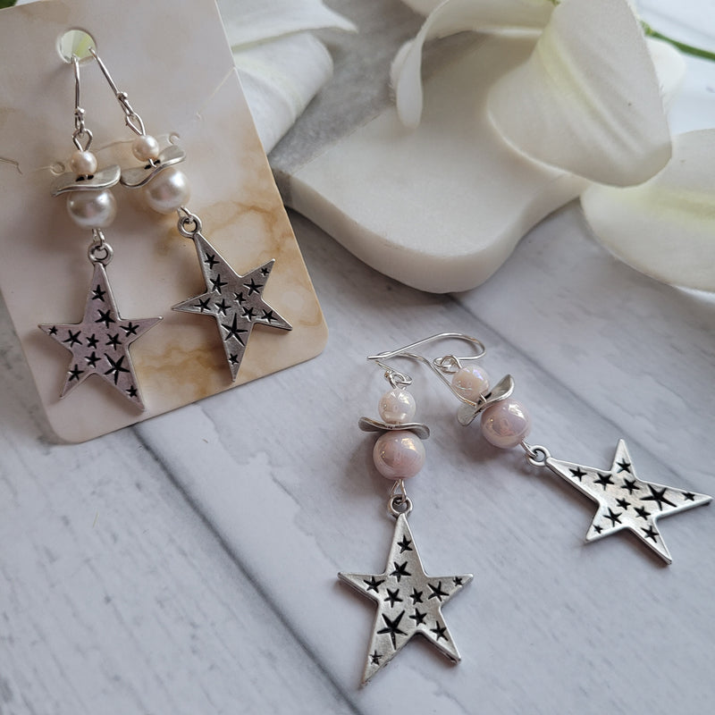 SILVER STARS & PEARL EARRINGS