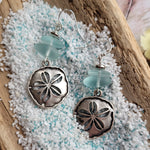 AQUA SEA GLASS & SILVER SAND DOLLAR BEACH EARRINGS