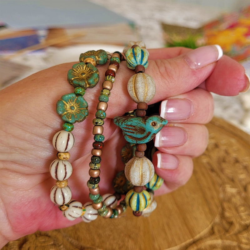 RUSTIC BIRD - THREE STRAND BOHO BRACELET IN GREEN